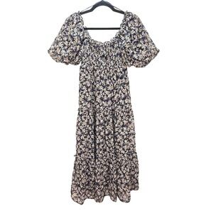 Altar'd State Midi Dress XS Navy Floral Smocked Puff Sleeve Tiered Boho Cottage